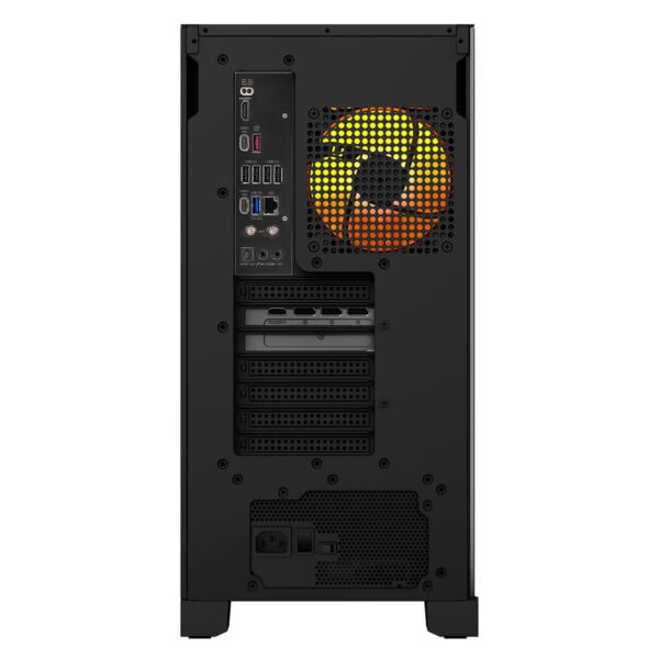 Yüksek performanslı oyun bilgisayarı kasasının arka paneli, çeşitli bağlantı portları ve soğutucu fan ile detaylı görüntüsü. Gaming ve bilgisayar donanımı tutkunları için ideal.