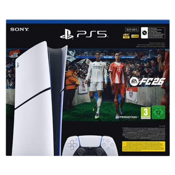 Yüksek çözünürlüklü PS5 oyun konsolu ve FIFA 26 futbol oyunu kutusu, futbol maçları ve PlayStation 5 teknolojisi, 4K HDR görselleri ve UEFA Champions League temasıyla ilgili görsel.