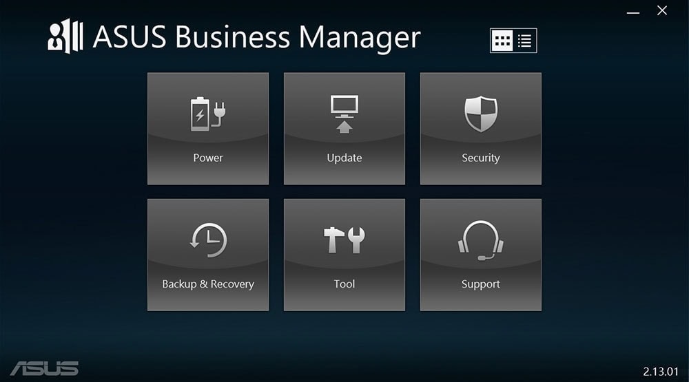 Yönetim paneli ekranında ASUS Business Manager arayüzü, güç, güncelleme ve güvenlik ayarları ile yedekleme, destek ve araç seçenekleri gösteriliyor.