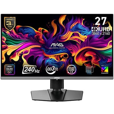 Yüksek çözünürlüklü 27 inç oyun monitörü, 4K UHD, 3840x2160 ekran, 240Hz tazeleme hızı, MSI OLED teknoloji, HDR desteği ve oyun performansı için ideal üstün görüntü kalitesi.