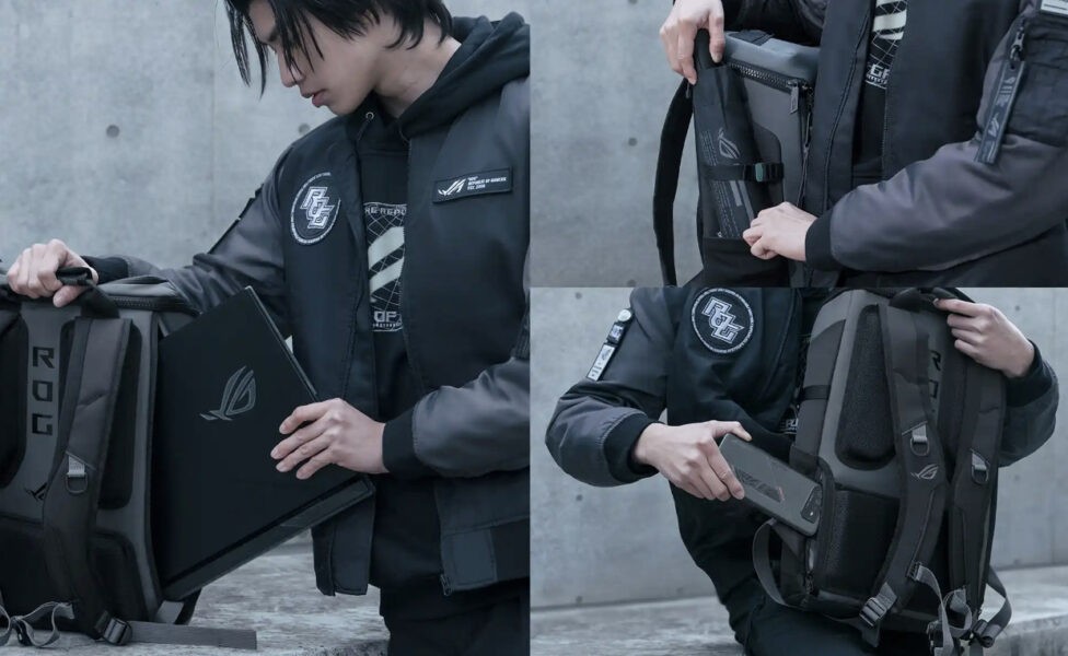 Kullanıcı, oyun çantasına laptop yerleştiriyor ve taşıyor, ASUS ROG logosu ve gaming tasarımlarıyla öne çıkan dayanıklı oyun çantası ve sırt çantasını gösteriyor.