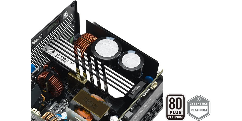 ROG LOKI SFX-L 850W Platinum White Edition Yüksek performanslı bilgisayar güç kaynağı iç yapısı, soğutucu ve bileşenler detaylarıyla.