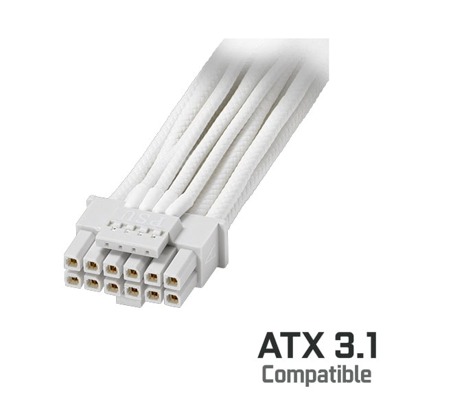 ROG LOKI SFX-L 850W Platinum White Edition Yüksek performanslı ATX 3.1 uyumlu güç kaynağı kablosu, bilgisayar bileşenleri için dayanıklı ve güvenilir bağlantı sağlar.