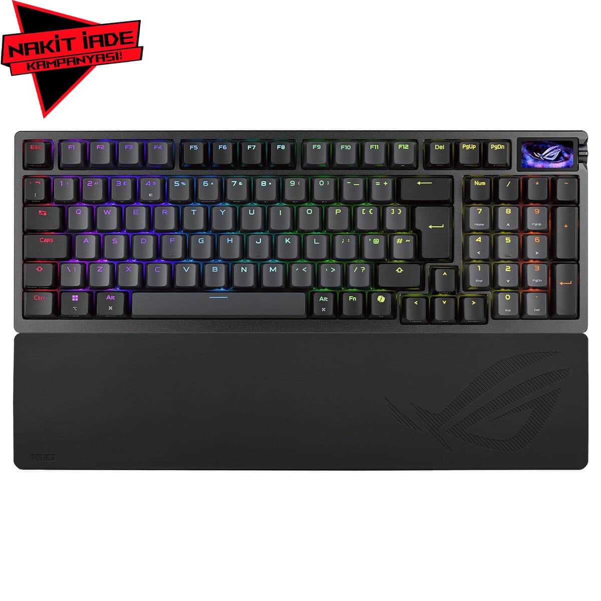 ASUS ROG Azoth 96 HE Siyah Mekanik Gaming Klavye, RGB aydınlatmalı, manyetik switchler, Hall Effect teknolojisi, kablosuz ve hot-swap özellikleriyle yüksek performans sağlar.