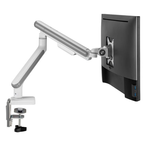 Sesli monitör askısı, bilgisayar ekranlarını rahatlıkla tutmak ve ayarlamak için ergonomik imkânlar sağlayan modern bir masaüstü monitör tutucu.