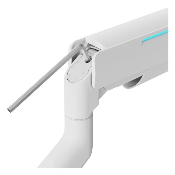 Yüksek teknoloji ile tasarlanmış, şarj ve güç düğmesi içeren modern bir oyun kolu veya cihaz tutucu. Beyaz renkli, ergonomik ve kullanıcı dostu tasarımıyla oyun deneyimini artırmak için ideal.