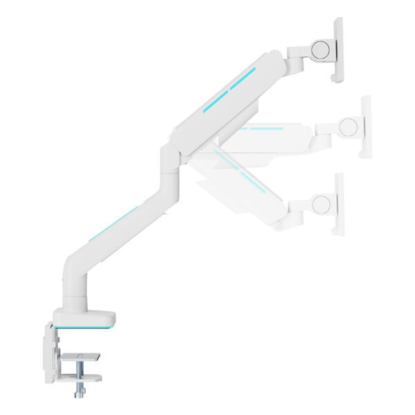 Yukarıdaki resim, gaming ve teknolojik aksesuarlar kategorisinde, modern ve şık tasarıma sahip, bilgisayar ve telefon standı veya tutucu. Beyaz renkli, ayarlanabilir ekran tutucu, ergonomik kullanım sağlayan çok fonksiyonlu tasarım. Oyun ve ofis ortamları için ideal, yüksek kaliteli malzeme kullanılarak üretilmiş, dayanıklı yapı.