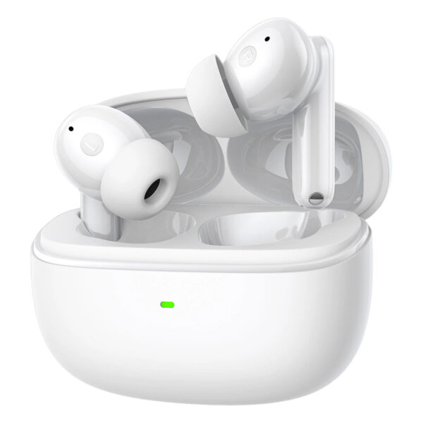 Kablosuz beyaz bluetooth kulaklıklar, şarj kutusu ve yüksek ses kalitesi ile modern tasarım, oyun ve müzik için ideal.