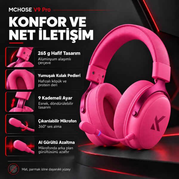 MCHOSE V9 Pro Rose Red 7.1 Surround Kablosuz Gaming Kulaklık (HW-V9-6) - Görsel 3