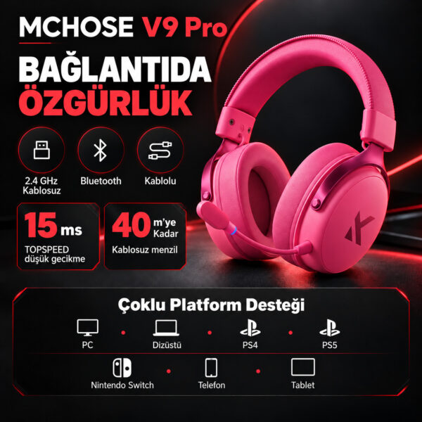 MCHOSE V9 Pro Rose Red 7.1 Surround Kablosuz Gaming Kulaklık (HW-V9-6) - Görsel 5