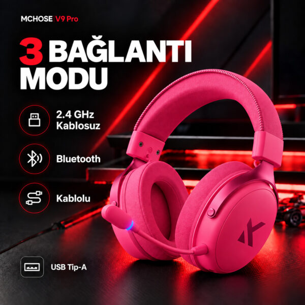 MCHOSE V9 Pro Rose Red 7.1 Surround Kablosuz Gaming Kulaklık (HW-V9-6) - Görsel 6