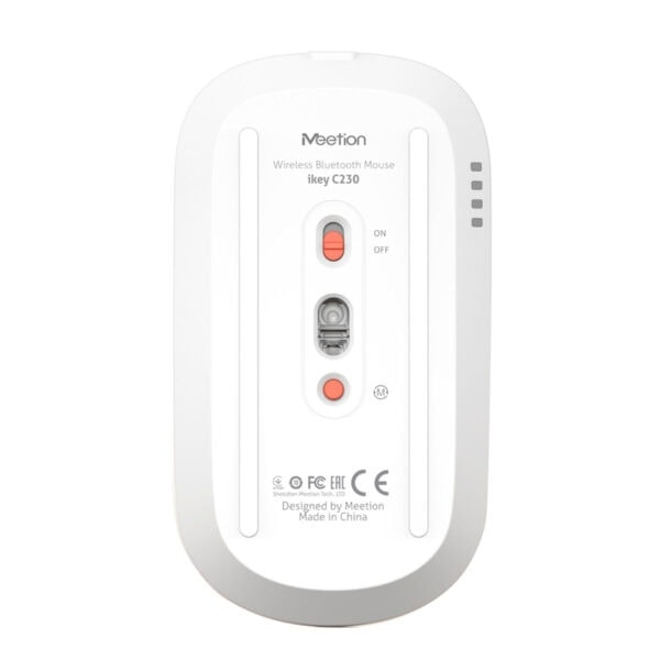 Yüksek çözünürlükte beyaz Meetion iKey C230 Bluetooth kablosuz fare arka görünüm. Güç düğmesi, DPI ayar düğmesi ve bağlantı noktası ile ergonomik tasarım. Gaming ve ofis kullanımına uygun.
