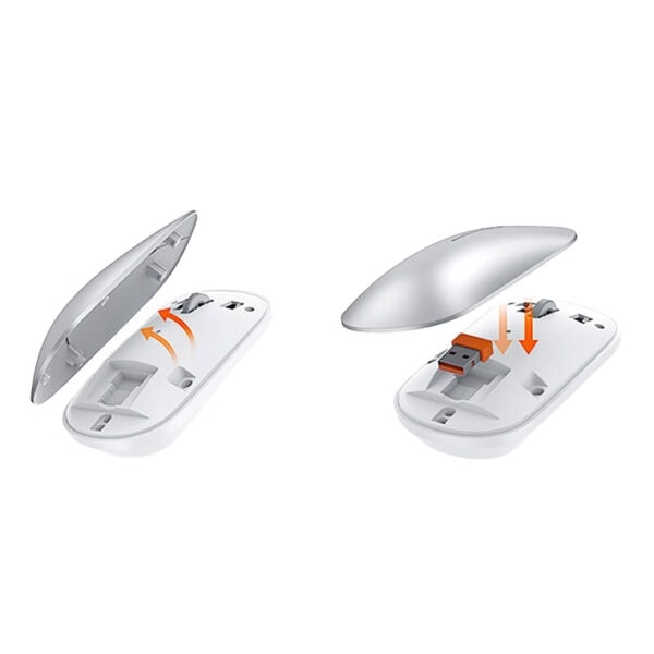 Kapağın açılmasını gösteren kablosuz fare ve USB alıcısı, kolay montaj ve bağlantı talimatları ile ergonomik tasarım. Bu görsel, kablosuz farelerin kurulum sürecini ve kullanımını anlatmaktadır.