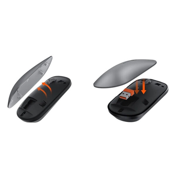 Istasyona takılı kablosuz bilgisayar faresinin alt kapağı ve kablosuz USB alıcısı ile açılma ve yerleştirme talimatlarını gösteren diyagram, teknolojik aksesuarlar, kablosuz mouse, bilgisayar ekipmanı, gaming.gen.tr.