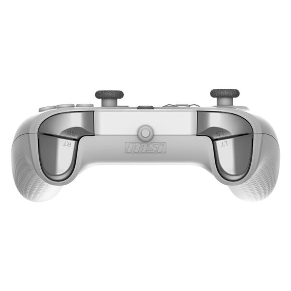Yazıkp, oyun konsolu denetleyicisi, MSI logosu ile siyah ve beyaz renklerde, ergonomik tasarıma sahip modern bir gamepad. Ayrıca, yüksek hassasiyet ve konfor sağlayan detaylara odaklanılmıştır.