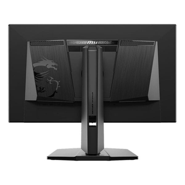 Yüksek performanslı oyun monitörü arka görünüm MSI logo ve dragon figürü ile siyah ekran, oyun ve bilgisayar donanımı tutkunları için ideal dizayn.