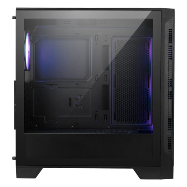 Kasanın iç kısmı ve hava soğutucu gösteren, modern ve şık tasarımlı bilgisayar kasası. Oyun ve yüksek performanslı bilgisayarlar için ideal, geniş alan ve iyi hava akışı sağlıyor.