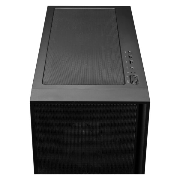 Alt Metin: Siyah renkli bilgisayar kasası, ön panelinde USB portları ve ses giriş çıkış ile modern tasarım, yüksek performanslı gaming ve ofis kullanımı için uygun.
