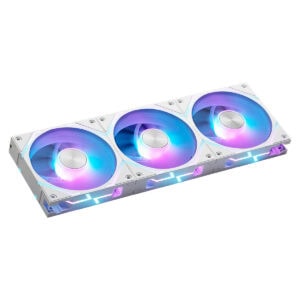 RGB aydınlatmalı yüksek performanslı oyun fanı, beyaz gövde ve renkli LED'lerle güçlü soğutma sağlar, bilgisayar kasası için ideal, gaming donanımı, güç ve soğutma çözümleri.