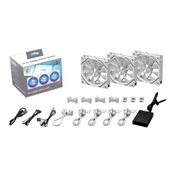 MSI ARGB Beyaz Fan Soğutucu Kiti, bilgisayar kasası içi RGB aydınlatma ve soğutma performansı arttırıcı yüksek kaliteli fanlar, montaj aksesuarları ve bağlantı kablolarıyla birlikte gelir.