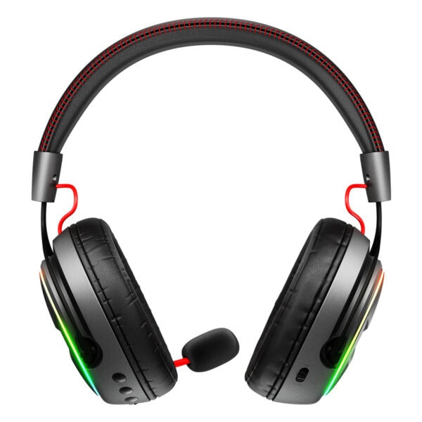 Yüksek kaliteli oyun kulaklığı, siyah ve kırmızı detaylar ile RGB aydınlatmalı rahat kulak pedleri, tasarım ve ses performansı ön planda.