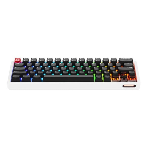 Yüksek RGB aydınlatmalı mekanik gaming klavye, siyah tuşlar ve renkli ışık efektleriyle modern oyun deneyimi sağlar. Kompakt tasarımıyla masaüstü alanını optimize eder.