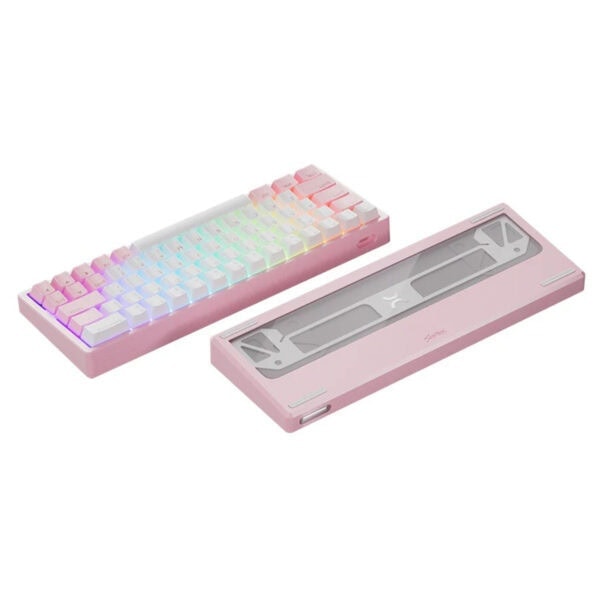 Renkli RGB aydınlatmalı pink oyuncu klavyesi ve şeffaf klavye kutusu üst görseli.