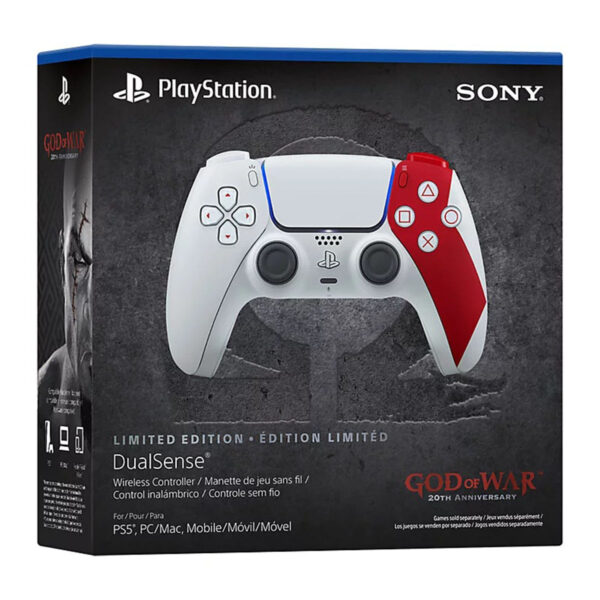 Yüksek kaliteli PS5 DualSense kablosuz oyun kontrol cihazı, God of War 20. Yıl dönümüne özel sınırlı( limited edition ) sürüm, PlayStation ve Sony logosu detaylarıyla.