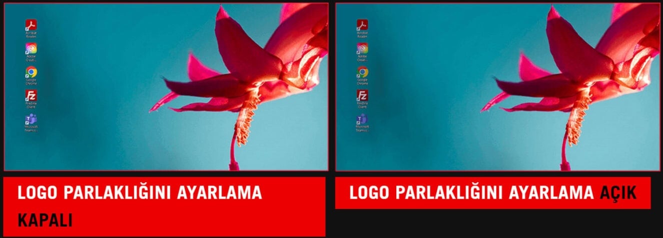 Alt Metin: Bilgisayar ekranında açık ve kapalı logo parlaklık ayarları, kırmızı vurguyla gösterilen farklı ekran ayarları.
