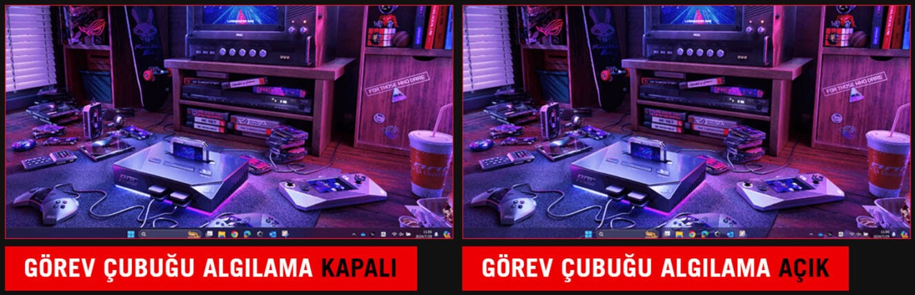 Görev çubuğu algılama açık ve kapalı ekran karşılaştırması.