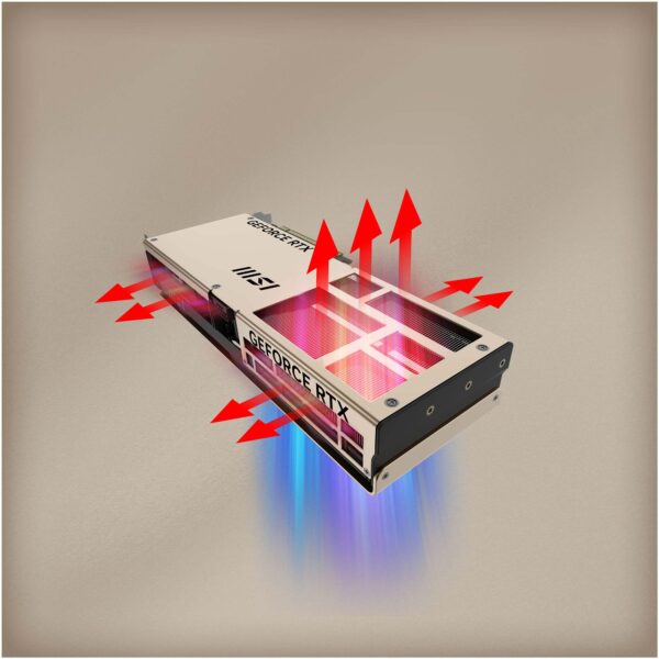 Yüksek performanslı Nvidia GeForce RTX ekran kartı, hava soğutmalı ve yüksek sıcaklık dağılımını simgeleyen kırmızı oklar ile soğutma ve hız artışını vurgular.