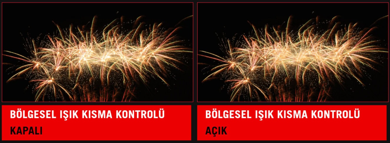 Bölgesel ışık kısım kontrolü gösteren patlamalı havai fişekler, açık ve kapalı seçenekler ile renkli kutu ve renkli efektler içeren görsel, yıldızlar ve parlak ışıklar ile etkinlik ve kutlama atmosferi yansıtıyor.