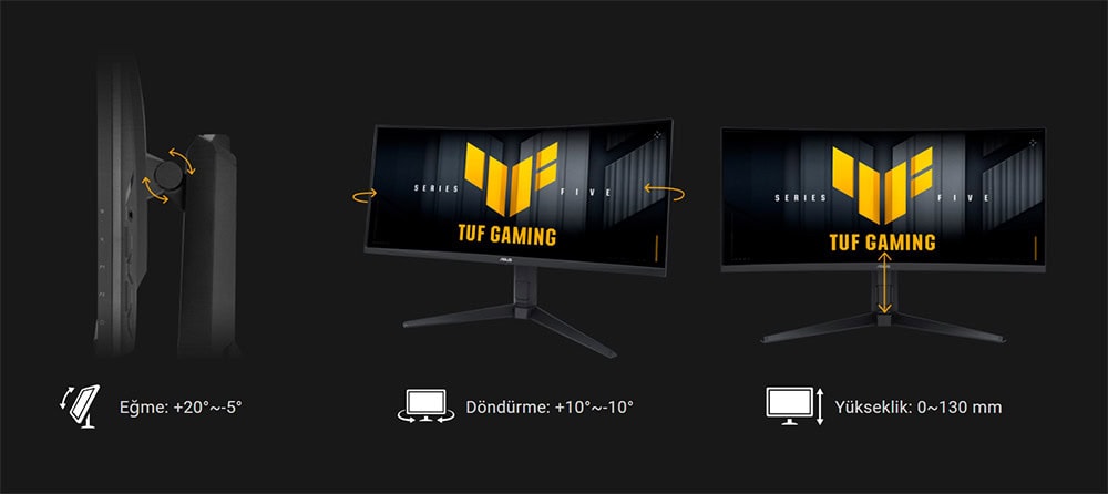 Yüksek çözünürlük ve hızlı tepki süresi ile oyun keyfini artıran ASUS TUF Gaming 34 inç QHD monitör, 3440x1440 çözünürlük, 0.5ms tepkime süresi, 250Hz yenileme hızı ve AMD FreeSync Premium teknolojisi ile öne çıkar.