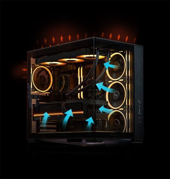 ASUS A32 PLUS Case Yüksek performanslı oyun bilgisayarı iç donanımı, soğutma sistemleri ve LED aydınlatmalar detaylı gösterim. Gaming ve bilgisayar tutkunları için ideal güçlü sistem.