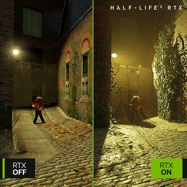 Yüksek kaliteli NVIDIA RTX teknolojisi kullanılarak elde edilen Half-Life 2 görsel karşılaştırması, RTX açık ve kapalı gibi farklı grafik ayarlarını gösterir. Çocuklu arka plan ve detaylı kasvetli sokak tasviri, oyunun grafik efektlerinin ne kadar etkileyici hale getirilebileceğini ortaya koyar. RTX teknolojisi ile oyunun aydınlatma, gölgelendirme ve detay seviyesi önemli ölçüde artarken, performans farklarını da gözler önüne serer.