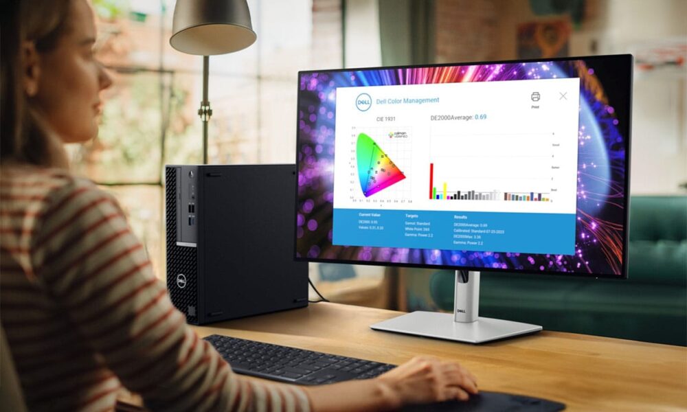 Yüksek performanslı Dell masaüstü ve 24 inç monitör, renk yönetimi ve grafik analizleri için profesyonel kullanıma uygun, ofis ve kreatif çalışmalarına uygun tasarım.