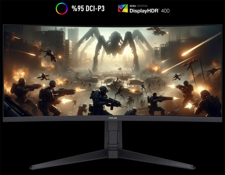 Yüksek çözünürlük ve hızlı tepki süresi ile oyun keyfini artıran ASUS TUF Gaming 34 inç QHD monitör, 3440x1440 çözünürlük, 0.5ms tepkime süresi, 250Hz yenileme hızı ve AMD FreeSync Premium teknolojisi ile öne çıkar.