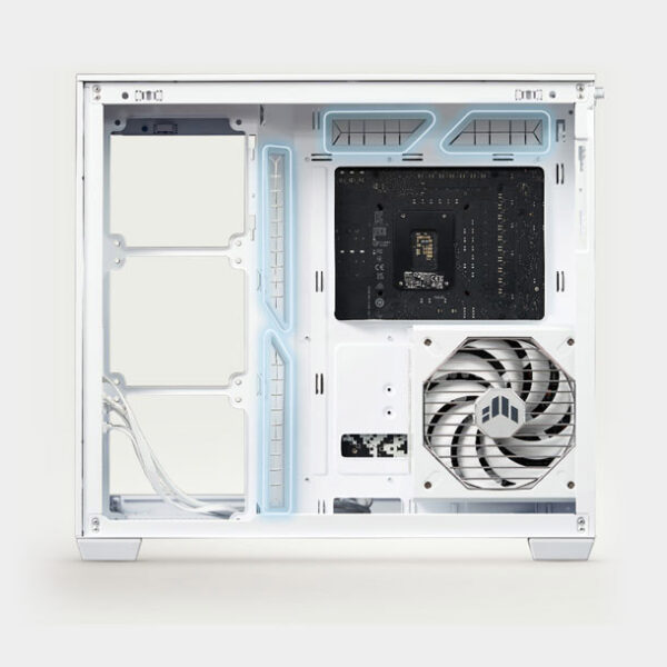 ASUS A32 PLUS Case Yapay zeka ile optimize edilen oyun bilgisayarı iç yapısı, soğutma fanı ve yüksek performanslı donanım detayları. Güçlü ve sessiz oyun PC'si, stabil çalışma ve gelişmiş soğutma sistemi ile dikkat çekiyor.