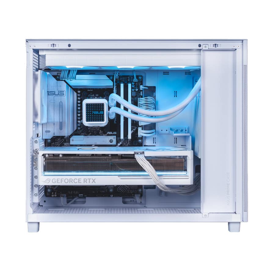 Giriş: Beyaz kasalı oyun bilgisayarı içi donanım detayları, güçlü grafik kartı ve su soğutmalı işlemci, yüksek performans ve görsel kalite için optimize edilmiştir.