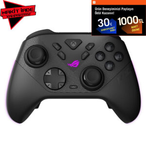 ASUS ROG Raikiri II Xbox kablosuz oyun kumandası, RGB aydınlatma ve çift mod desteği ile yüksek performanslı oyun deneyimi sağlar.