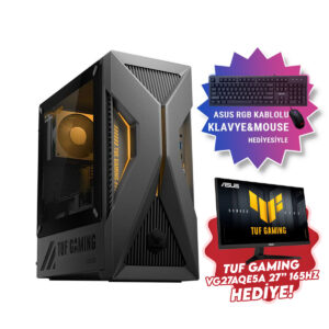 ASUS TUF Gaming masaüstü bilgisayar ve 27 inç monitör, RGB klavye ve mouse hediye, yüksek performanslı gaming ekipmanı.