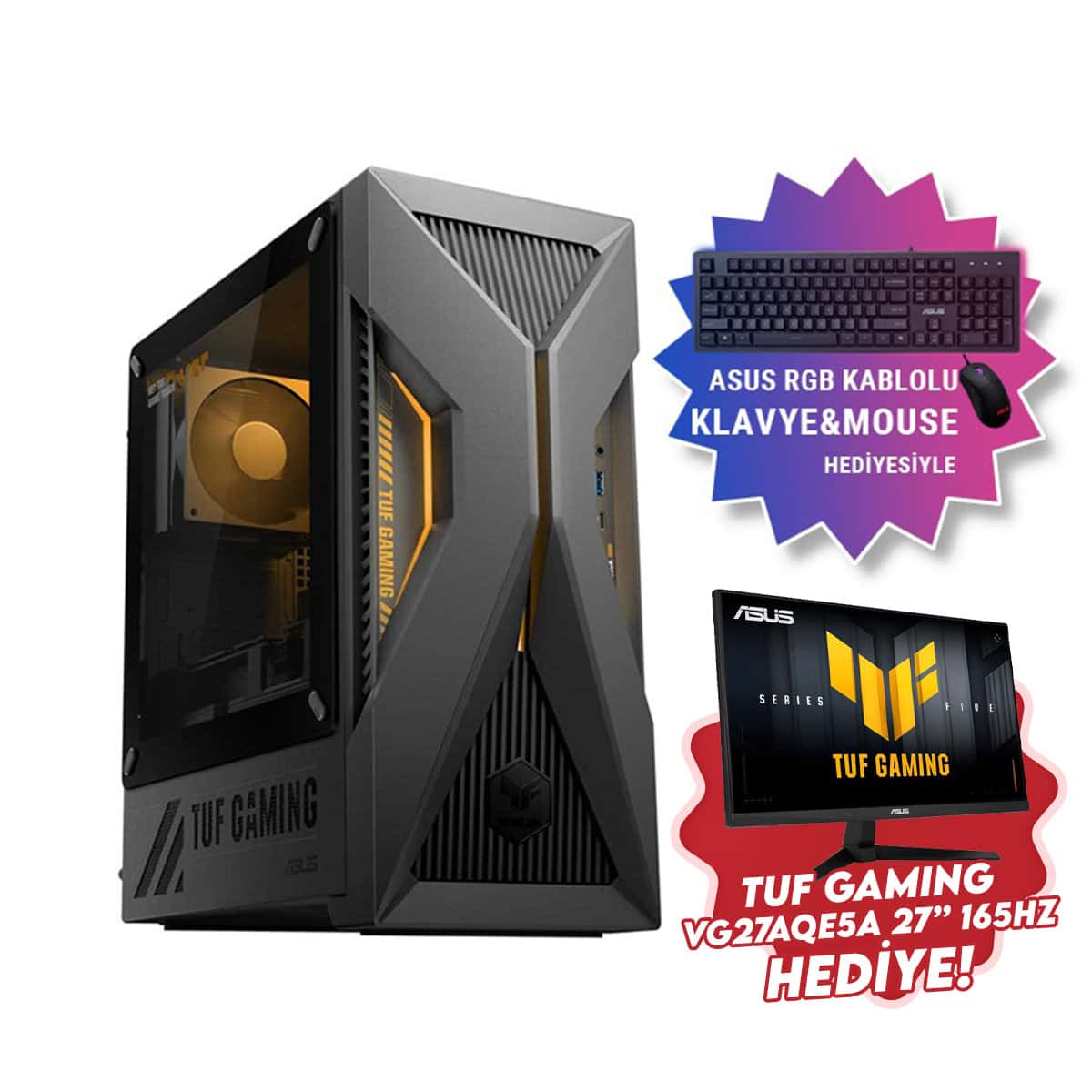 ASUS TUF Gaming masaüstü bilgisayar ve 27 inç monitör, RGB klavye ve mouse hediye, yüksek performanslı gaming ekipmanı.