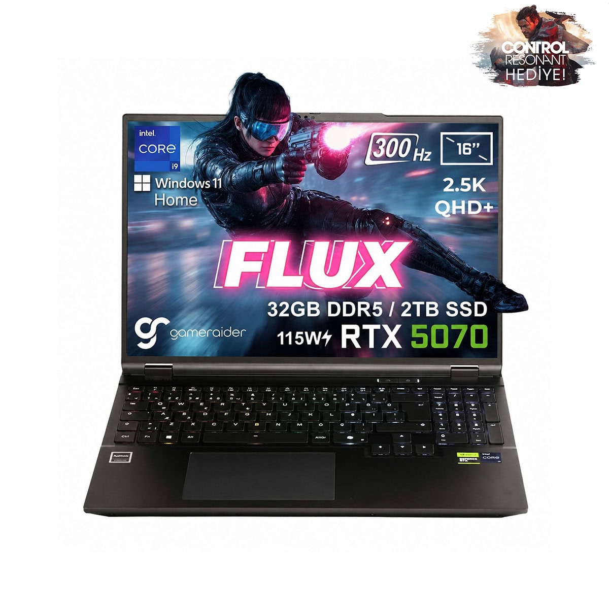 Gameraider Flux Gr16 Intel Core I9 14900hx Geforce Rtx 5070 8gb 115w 32gb Ddr5 2tb Ssd 16 Inç 2.5k Qhd+ 300hz W11 Home Gaming Laptop Çanta Hediyeli Control Resonant Hediyeli 1