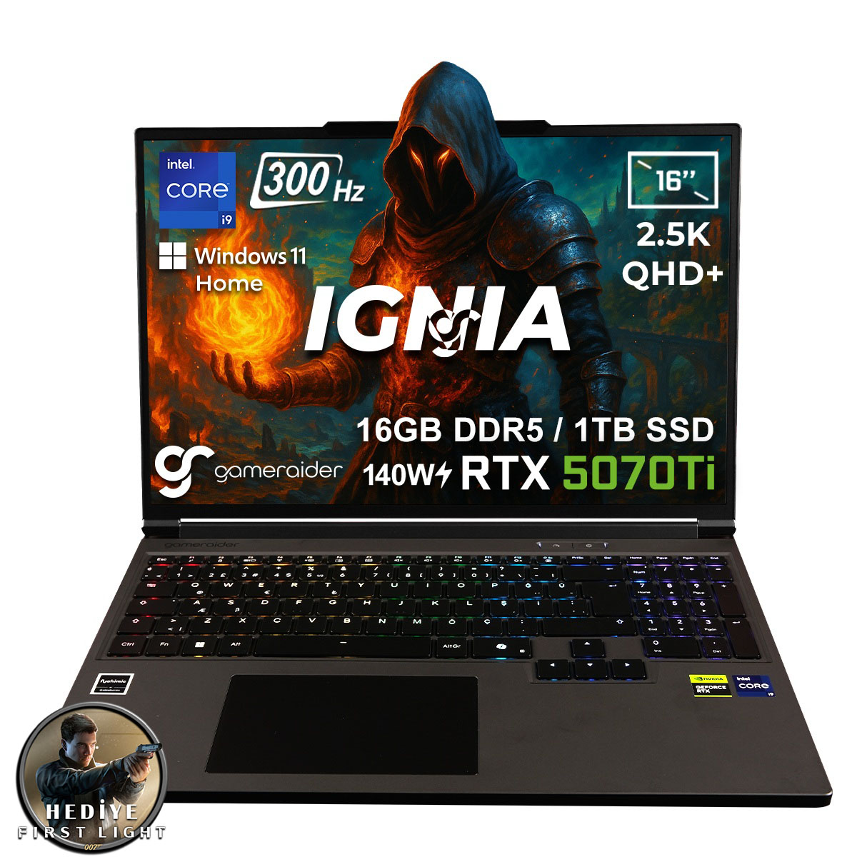 Gameraider Ignia Gr16 Intel Core I9 14900hx Geforce Rtx 5070ti 12gb 140w 16gb Ddr5 1tb Ssd 16 Inç 2.5k Qhd+ 300hz W11 Home Gaming Laptop Çanta Hediyeli 007 First Light Hediyeli