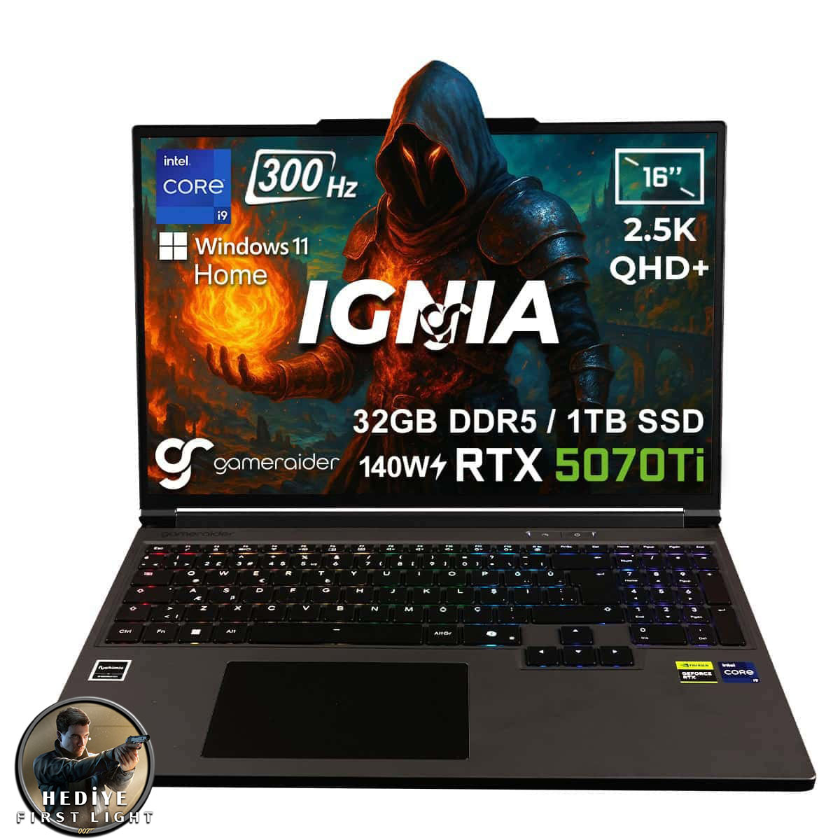 Gameraider Ignia Gr16 Intel Core I9 14900hx Geforce Rtx 5070ti 12gb 140w 32gb Ddr5 1tb Ssd 16 Inç 2.5k Qhd+ 300hz W11 Home Gaming Laptop Çanta Hediyeli 007 First Light Hediyeli
