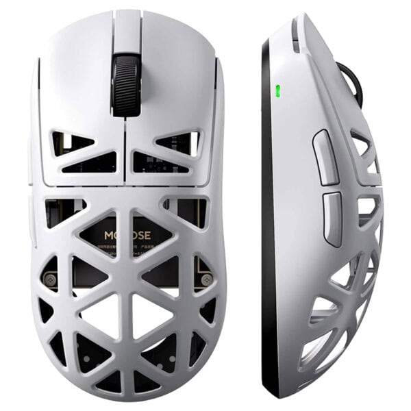 Oyun için özelleştirilmiş, hafif ve ergonomik tasarımlı beyaz oyun faresinin üst ve yan görünümü.