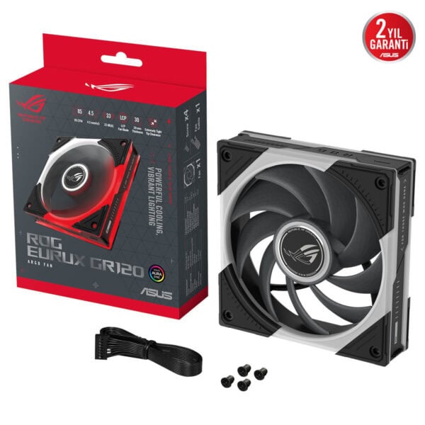 ASUS ROG Eurux GR120 ARGB 120mm kasa fanı paket içeriği ve montajlı fan görüntüsü; kırmızı kutu, siyah fan çerçevesi ve bağlantı kablosu ile set.