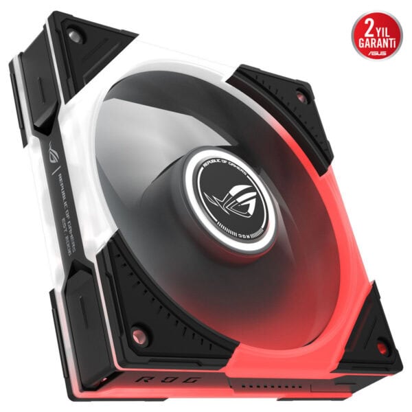 ASUS ROG Eurux GR120 ARGB 120mm kasa fanı, siyah-kırmızı LED aydınlatmalı soğutucu modu ve görünen dumanlı fan kanatları ile detaylı iç tasarım.