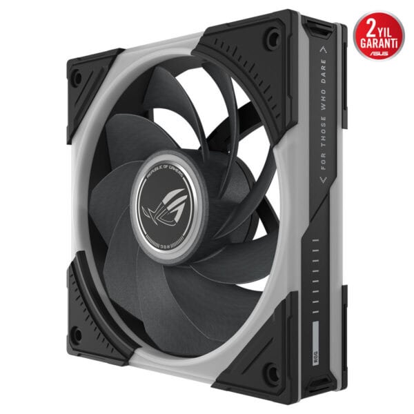ASUS ROG Eurux GR120 ARGB 120mm kasa fanı, siyah gümüş renkli soğutucu uçlarıyla, 120 mm boyutunda, arka panel ve kırmızı garanti simgesiyle dikkat çekiyor.