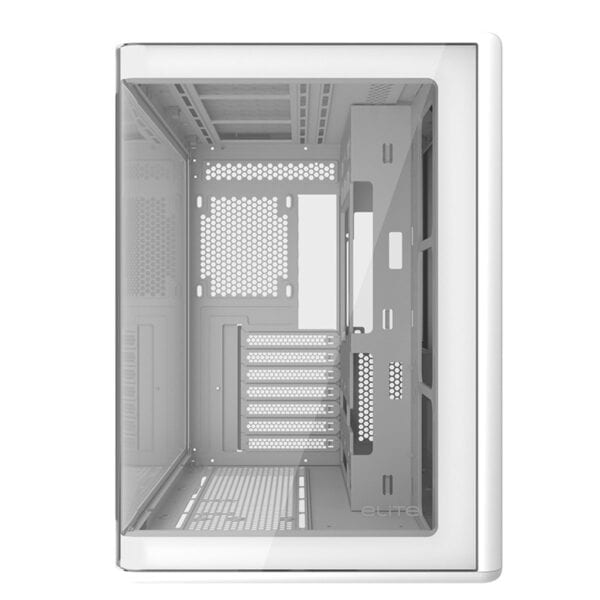 Beyaz oyun bilgisayarı kasası, yüksek performanslı bilgisayar sistemleri için şık ve dayanıklı tasarım, iyi havalandırma ve genişleme alanı.